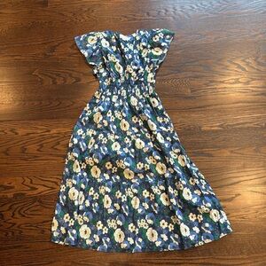 Trovata Birds of Paradise Kendall Dress Small Blue Floral Midi Flutter Sleeve